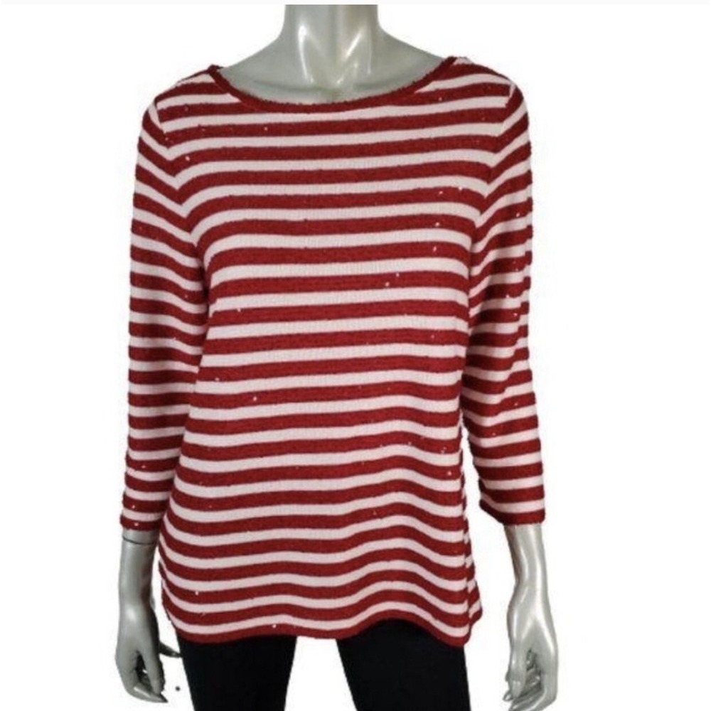 TALBOTS Red White Stripe Sequined Knit Top 3/4 Sleeve‎ Women's Petite Small - Picture 5 of 13